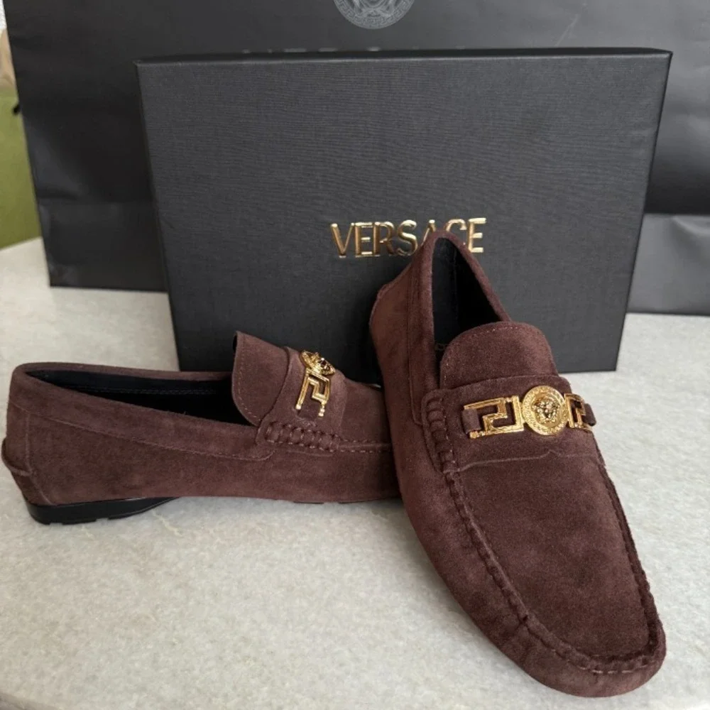 VERSACE 1009707 Medusa Men's Brown Suede Driver‎ Shoes, 40